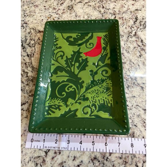 Hallmark Exclusive Green Christmas Rectangular Tray Red Cardinal Design Ceramic - Picture 4 of 6